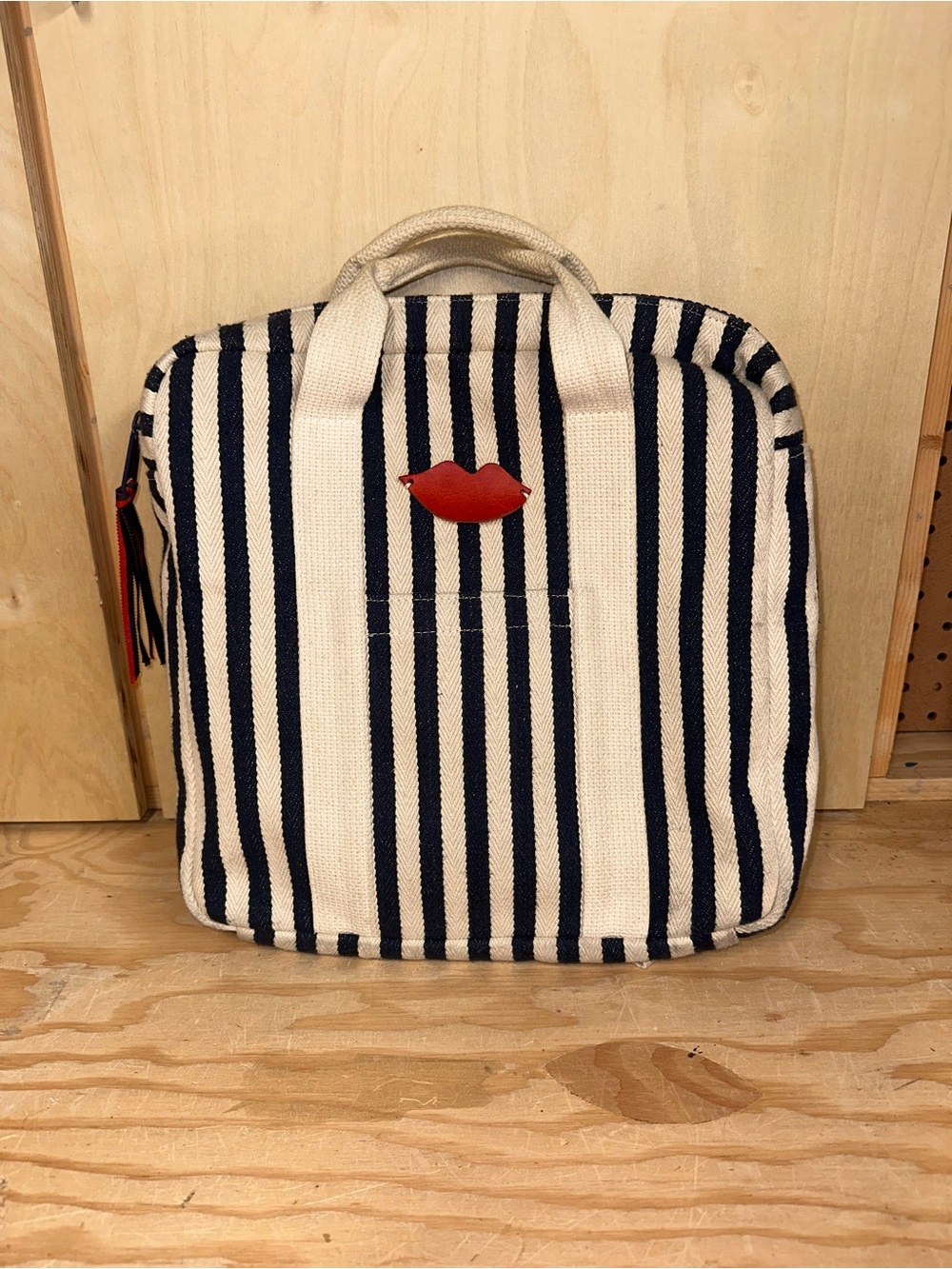 CLARE V. Striped Canvas Tote with Red Lip Accent